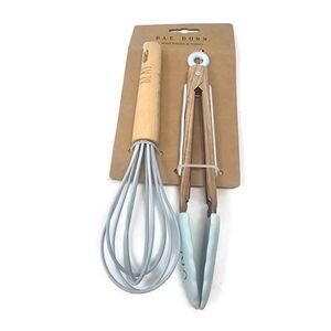 Rae Dunn Wooden Mini Whisk and Tongs with Light Blue Accents